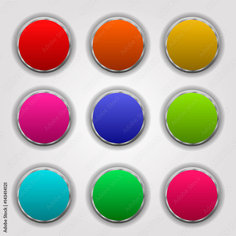 Round multicolored buttons in metal frame on a white background Round multicolored buttons in metal frame on a white background