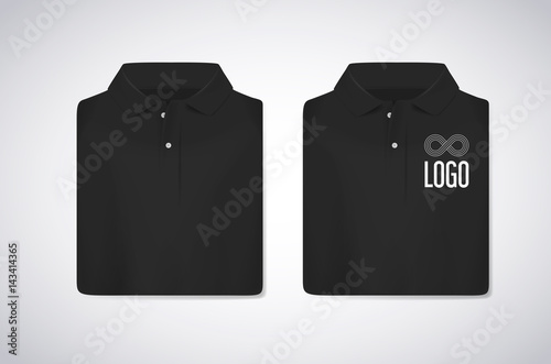 Black folded polo shirts mockup with logo for advertising isolated.