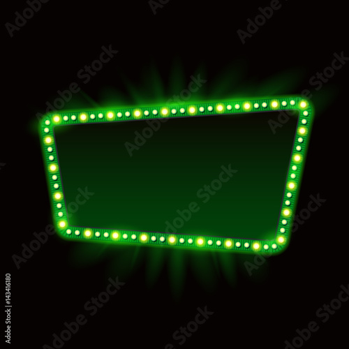 Retro Showtime 1950s Sign Design. Neon Lamps billboard on dark background. American casino advertisement, vector illustration. Cinema and theater Signage Light Bulbs Frame for Sale flyers