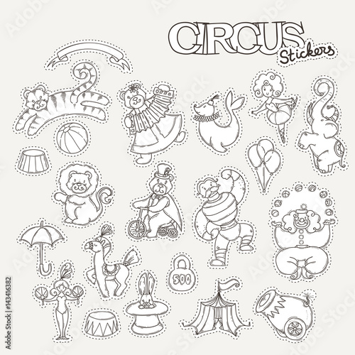 Circus cartoon stickers collection with chapiteau tent and trained wild animals.