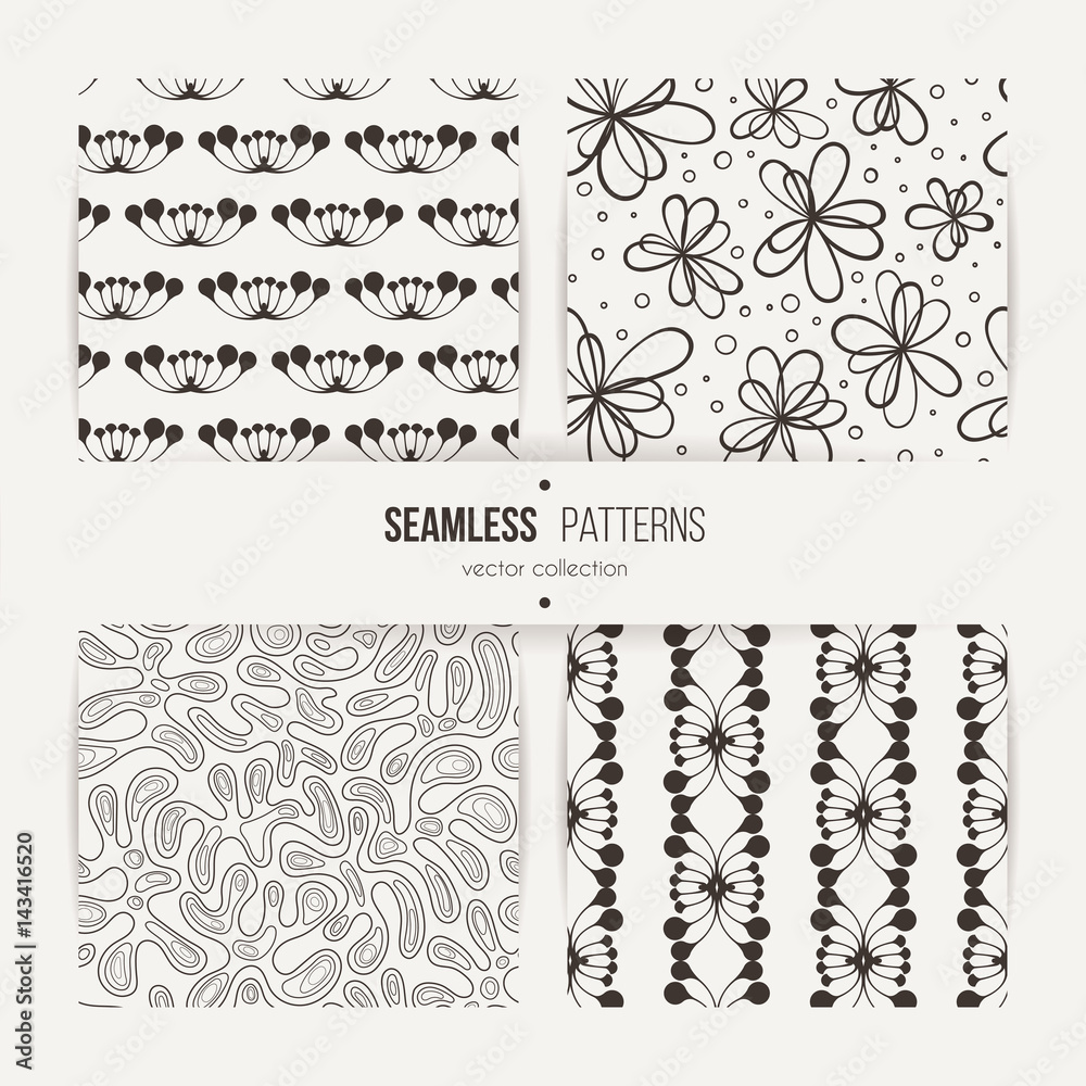 Set of samless doodle floral and art deco patterns.