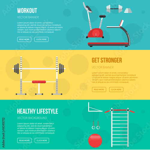 Fitness training and gym club banners set. Fitness class equipment. Gym Sport background. Healthy lifestyle concept. Sport inventory.