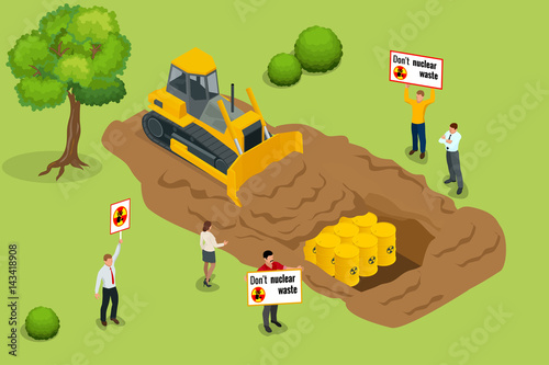 Radioactive waste concept. People protest environmental pollution with radioactive waste. Flat 3d vector isometric illustratoin