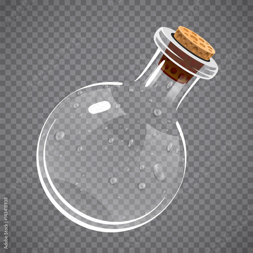 Empty glass bottle. Elixir, potion or chemistry concept. Full transparent.