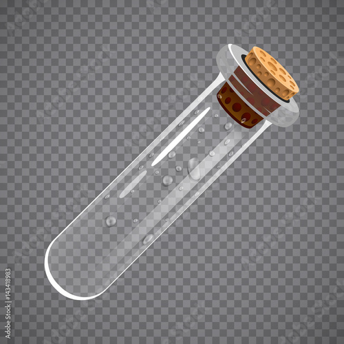 Empty glass bottle. Elixir, potion or chemistry concept. Full transparent.