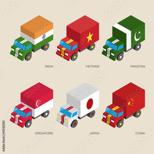 Set of isometric cargo trucks with flags of Asian countries