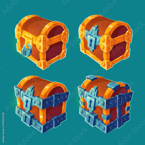 Collection of isolated vector cartoon illustrations of wooden chests locked and bound iron. Can be used as elements of game design
