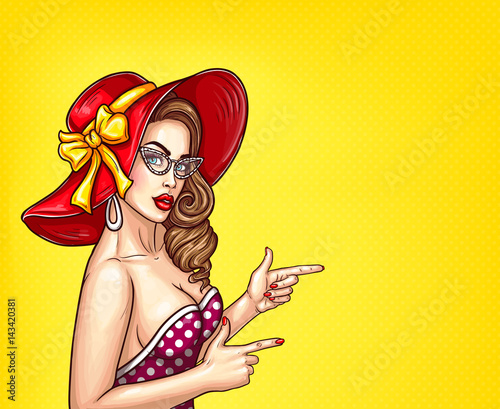 Vector pop art pin up illustration of a sexy girl in a luxurious hat and eyeglasses points to information about a sale. Excellent poster for advertising discounts and sales in the style of pop art