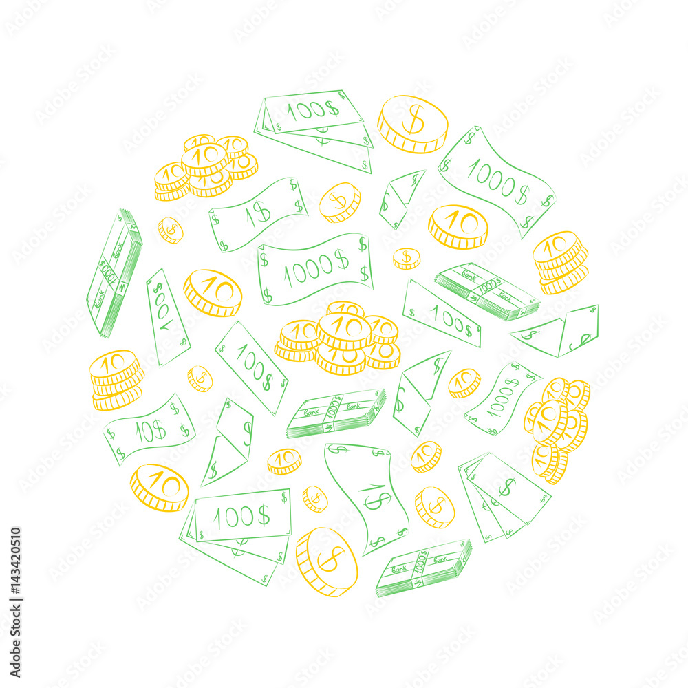 Hand Drawn Golden Coins and Green Cash Dollars Arranged in a Circle. Doodle Drawings of Cash. Vector Illustration.