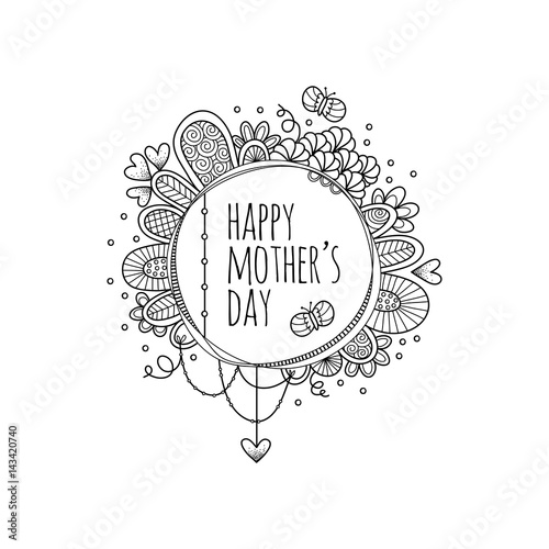 Happy Mother's Day in a Circle with hearts, butterflies and doodles vector illustration on a white background.