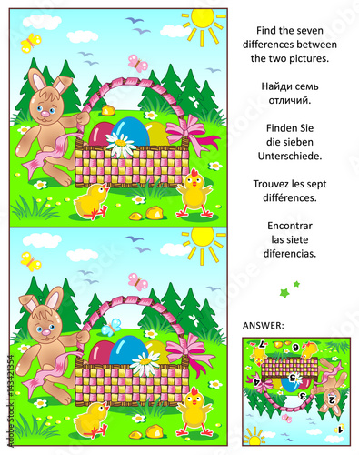 Easter themed visual puzzle: Find the seven differences between the two pictures with bunny, painted eggs, basket and chicks. Answer included.
