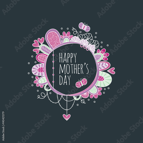 Happy Mother's Day in a Circle with hearts, butterflies and doodles vector illustration on a dark grey background.