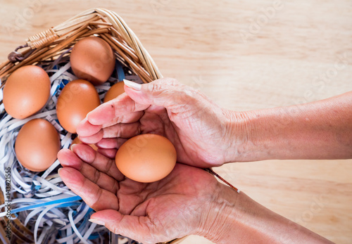 The chicken egg in the basket and in hand. Easter time, Happy time. Jesus rise again