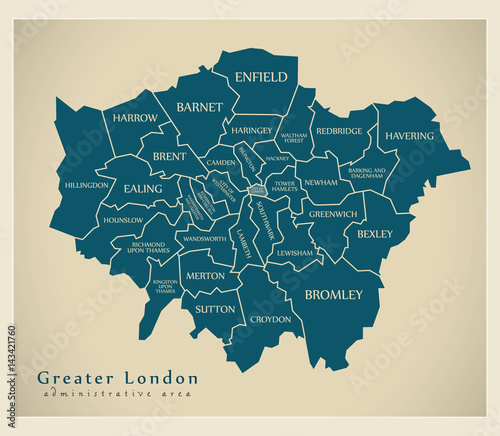 Modern Map - Greater London labelled districts administrative area UK