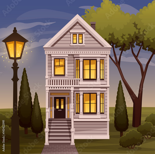 Cozy family house facade view. Vector illustration