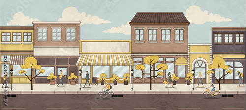 Group of cartoon people walking on the street of a city
