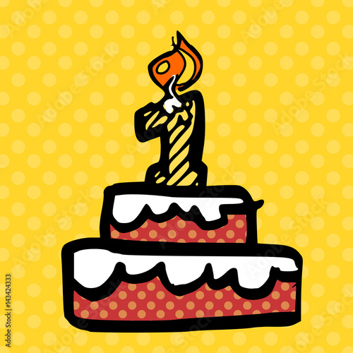 vector illustratie van taart 1 jaar met kaarsje in de vorm van cijfer één
