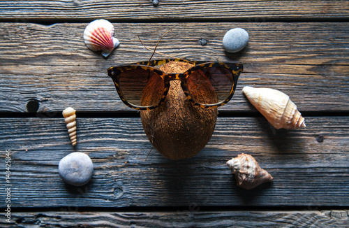 Coconut on a wooden background, seashells, stones, food, nature photo