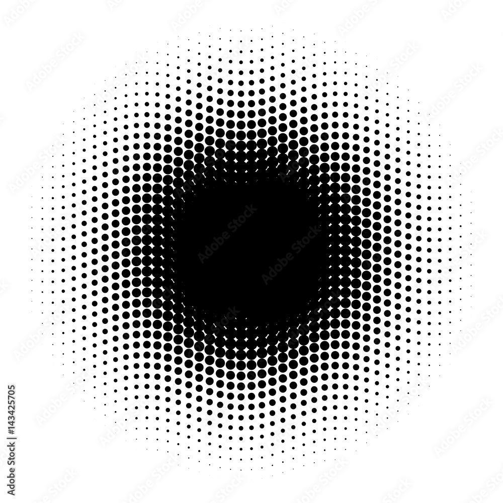 Abstract halftone circle of dots in wavy arrangement. Black and white vector illustration element.