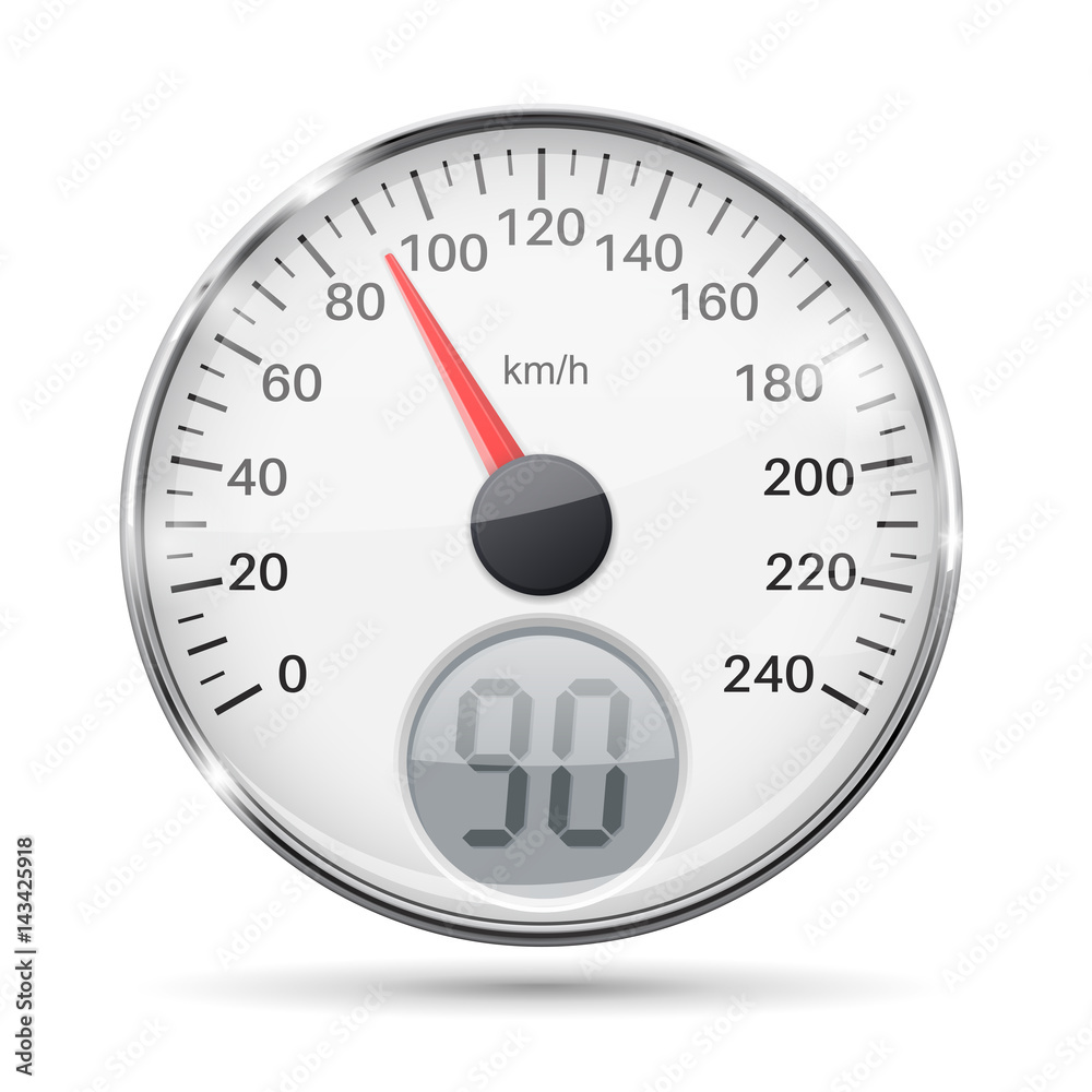 Speedometer. Round white gauge with chrome frame Speedometer. Round white gauge with chrome frame