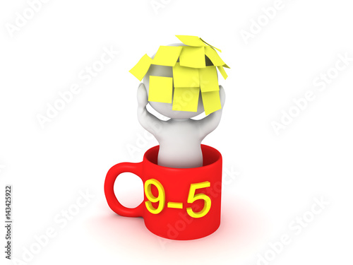 3D Character sitting in a coffee mug with lots of sticky notes on his head photo