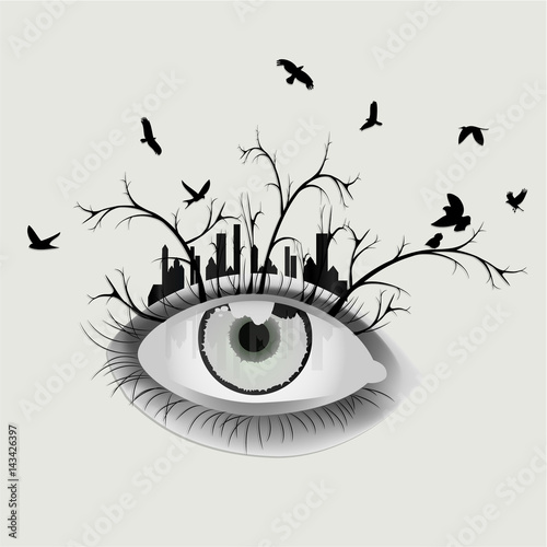 An eye that is condensed in the city landscape, dark illustration