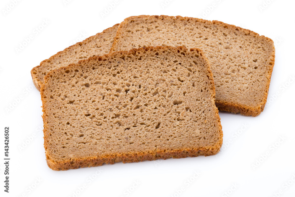 Slices of rye bread isolated on white background.