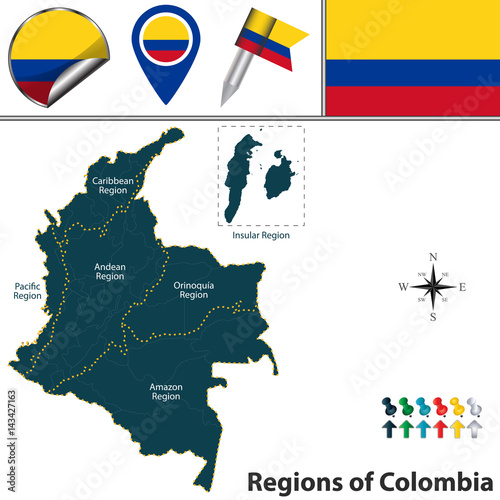 Fototapete Map of Colombia with Natural Regions