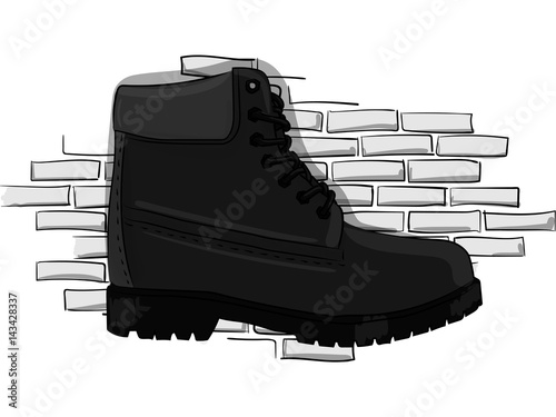 Casual gray shoes with a rough outsole with lacing on the background of a light gray brick wall eps 10 illustration