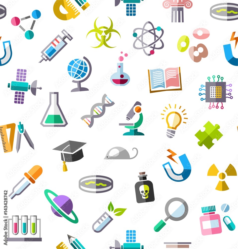 Science, background, seamless, color, white, vector. Colored flat icons on a white field. Different types of scientific activities. Colored, flat background. 