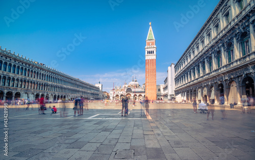 Panorama of Piazza San Marco with the Basilica of Saint Mark and the bell tower of St Mark's Campanile (Campanile di San Marco) in Venice