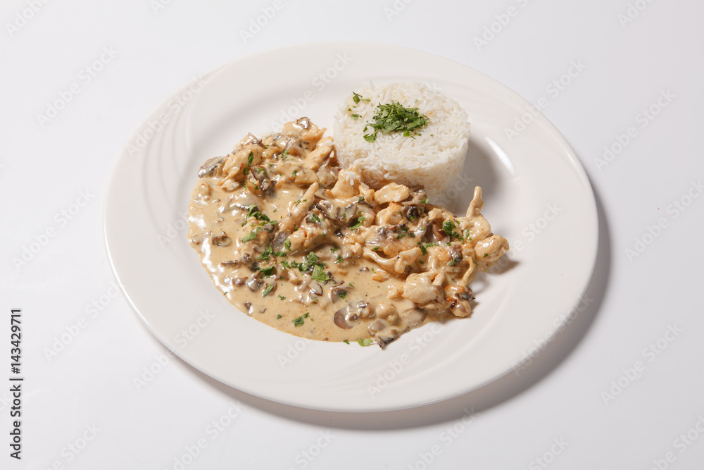 stewed chicken with white rice and mashroom sauce stewed chicken with white rice and mashroom sauce