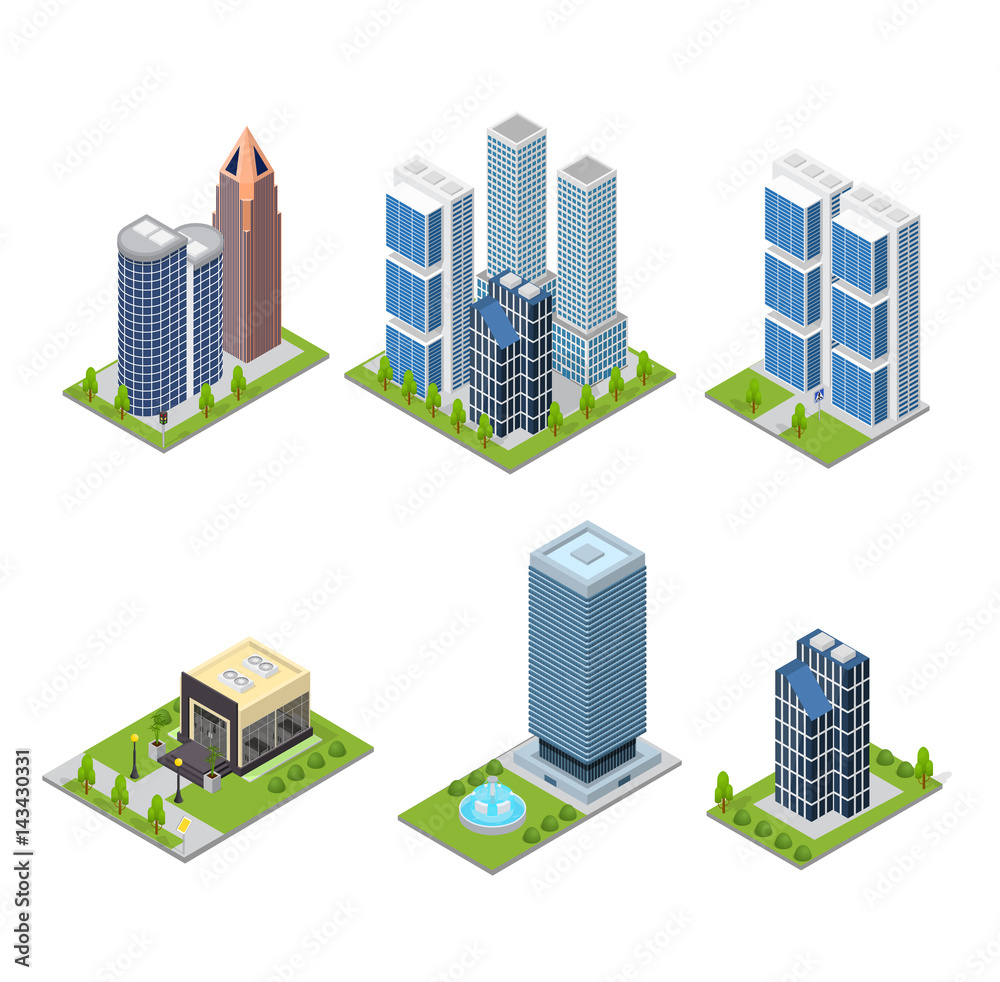 City Skyscraper and Cafe Building Set Isometric View. Vector