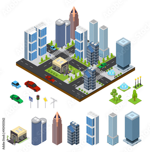 City Landscape and Part Set Isometric View. Vector