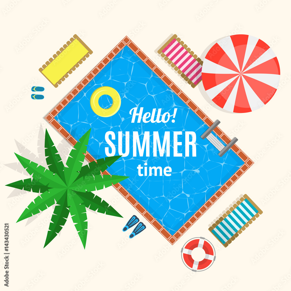 Hello Summer Time with Swimming Pool Card or Poster. Vector