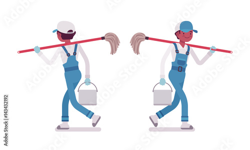 Male janitor walking, rear and front view