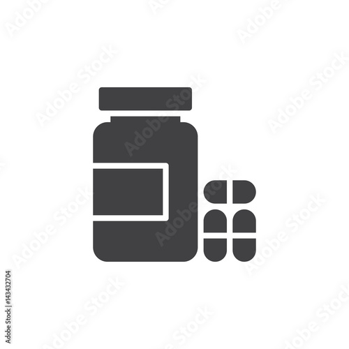 Bottle of pills icon vector, filled flat sign, solid pictogram isolated on white. Symbol, logo illustration. Pixel perfect