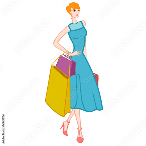 Fasionable girl with shopping bags. Vector illustration.