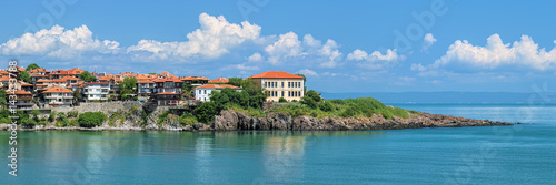 Fototapeta Naklejka Na Ścianę i Meble -  Panoramic view of the east cape of Sozopol Old Town (former ancient town of Apollonia) with building of Art Gallery, Bulgaria. Sozopol is the famous seaside resort on the Bulgarian Black Sea Coast.