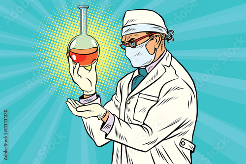 Scientist in mask analyzes laboratory flask with liquid