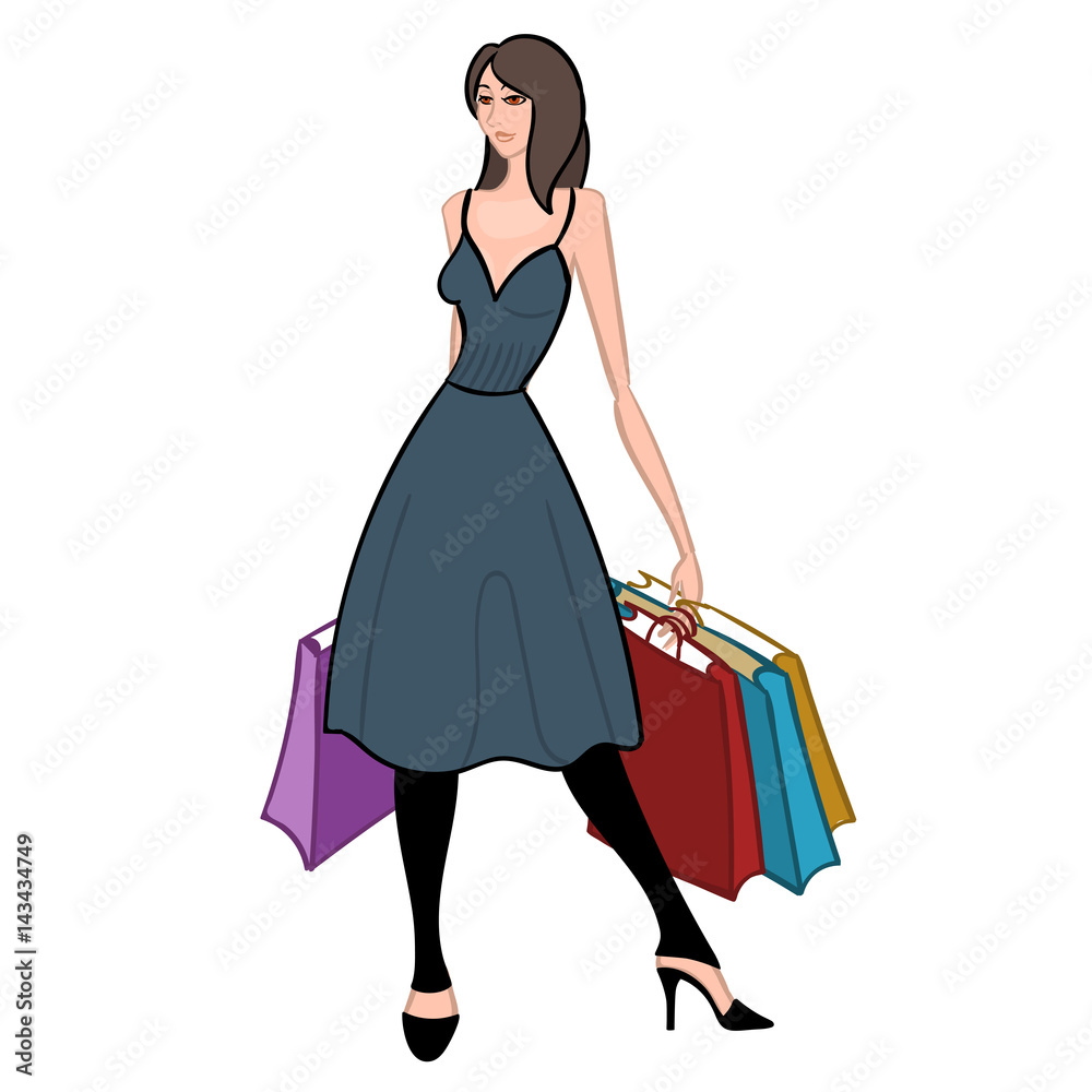 Fasionable girl with shopping bags. Vector illustration.