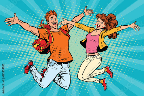 Love couple young man and woman jumping