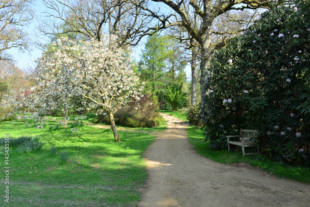 The gardens of an English country estate in Springtime.
