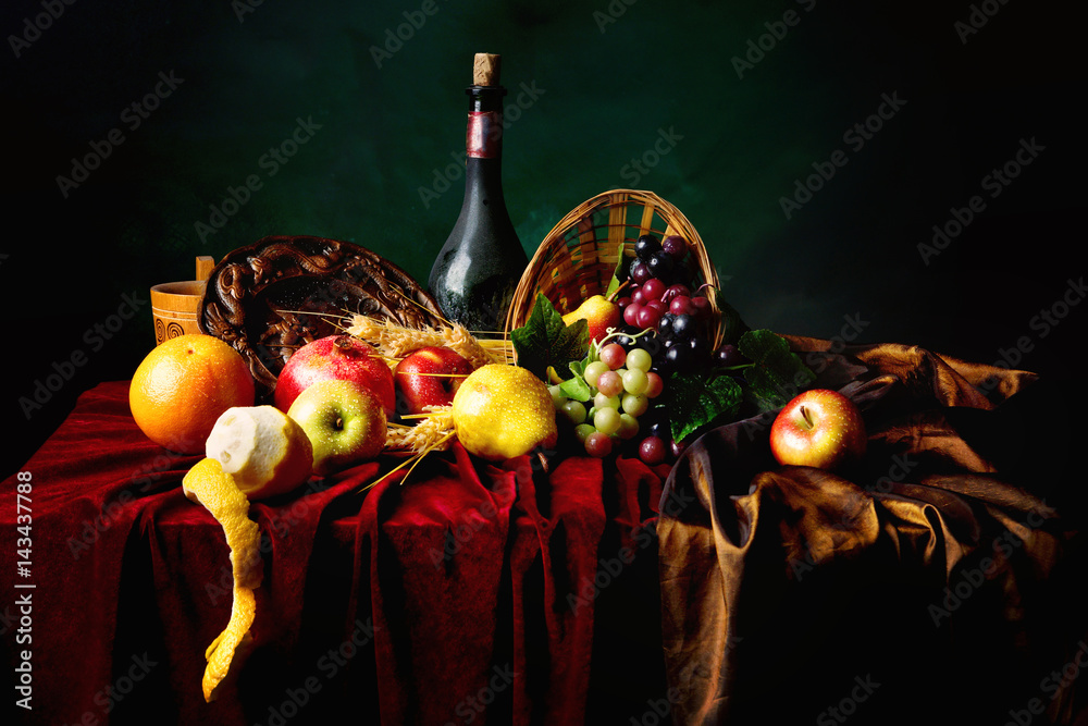Φωτογραφία Classic Dutch still life with dusty bottle of wine and fruits on a dark green ba