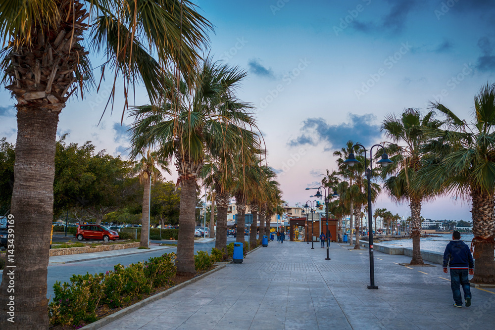 Evening photo in Poseidonos Avenue in Paphos, Cyprus Evening photo in Poseidonos Avenue in Paphos, Cyprus
