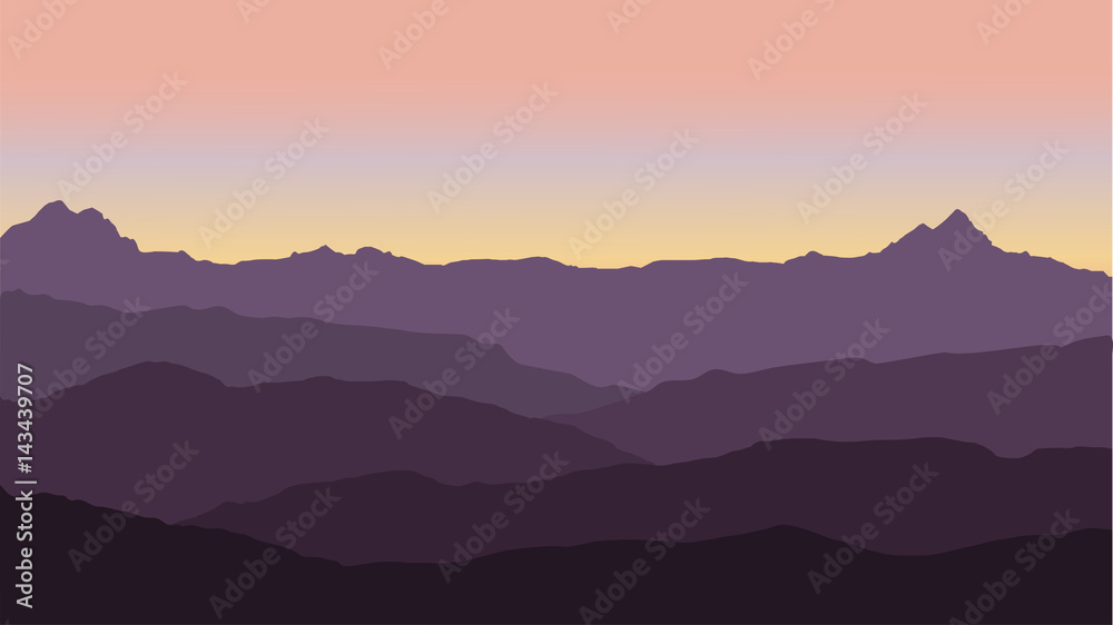panoramic view of the mountain landscape with fog in the valley below with the alpenglow pink sky and rising sun - vector