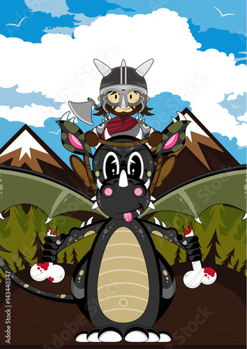 Cartoon Viking Warrior and Dragon