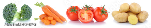 Gemüse Kartoffeln Karotten Tomaten Essen Freisteller freigestellt isoliert in einer Reihe