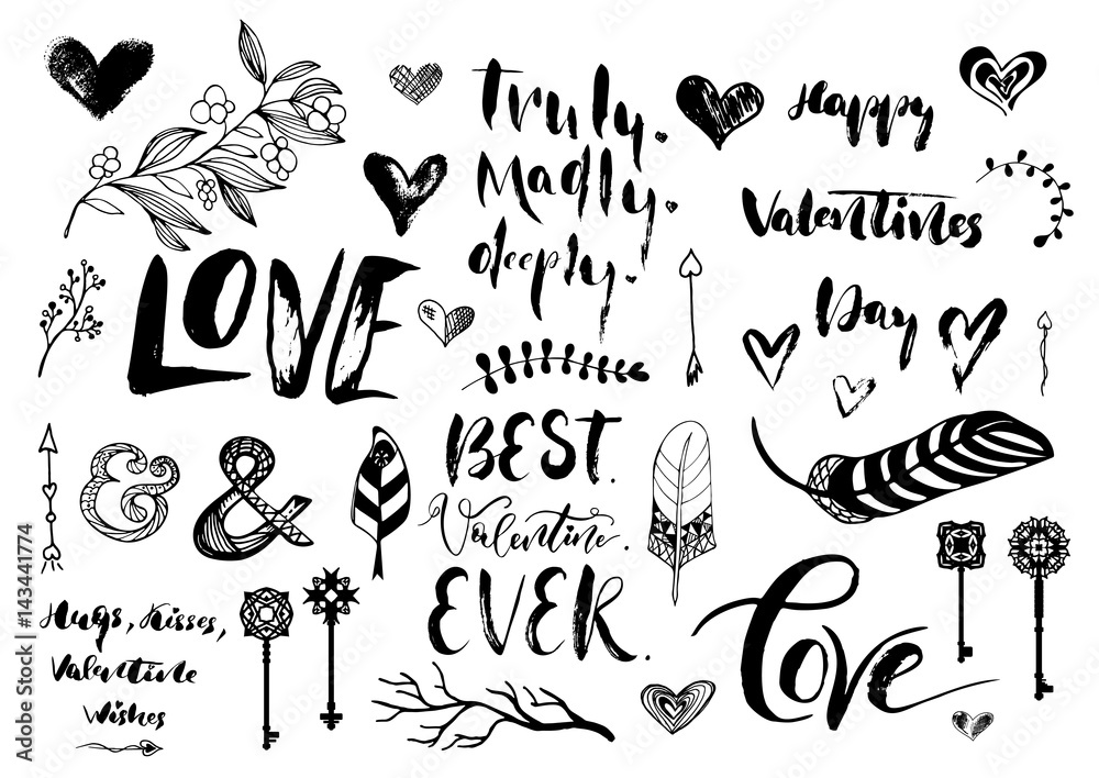 Plakat Valentine Day, wedding hand drawn lettering, outline romantic doodles