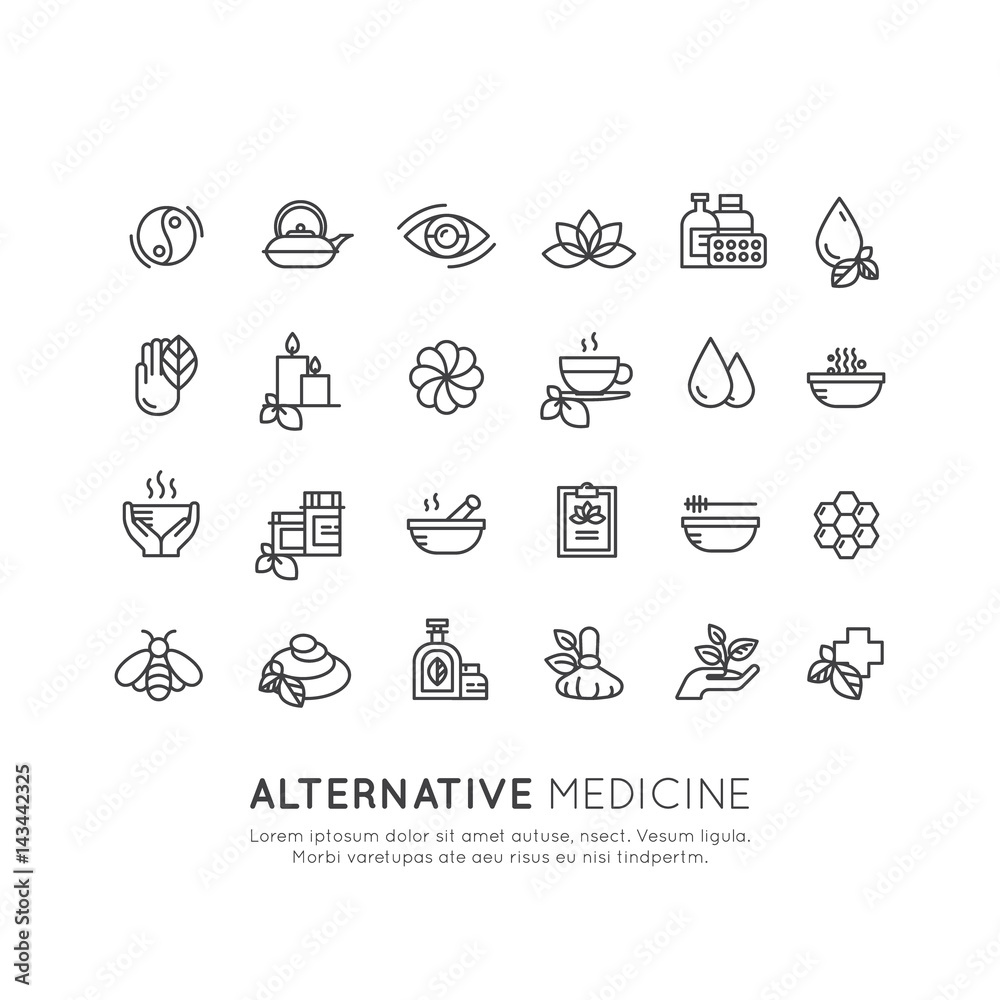 Vector Icon Style Logo Sign Set of  Alternative Medicine. IV Vitamin Therapy, Anti-Aging, Wellness, Ayurveda, Chinese Medicine. Holistic centre. Green Energy Mandala